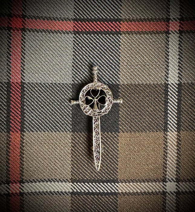 Celtic Sword Kilt Pin/Cap Badge with Black Stone Shamrock