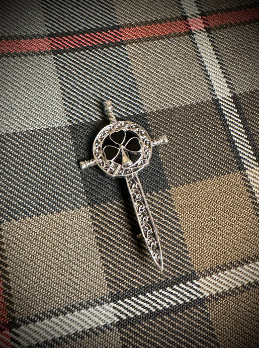 Celtic Sword Kilt Pin/Cap Badge with Black Stone Shamrock